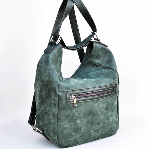 Българска дамска чанта-раница, тип торба от еко кожа, зелена