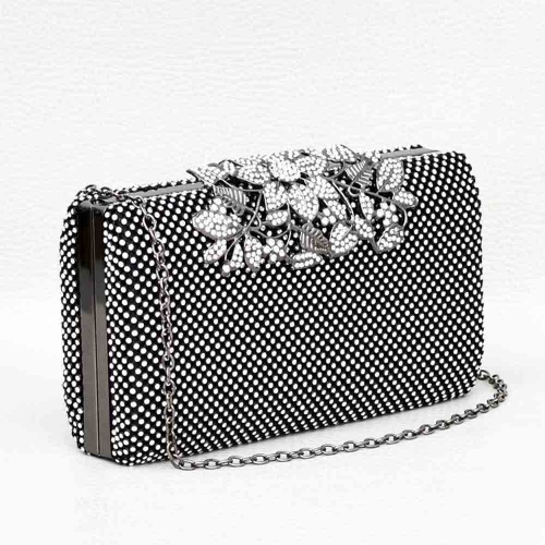 Официална дамска чанта, клъч с кристални камъчета и красива катарама цветя от блестящи камъни, черна с бели камъчета