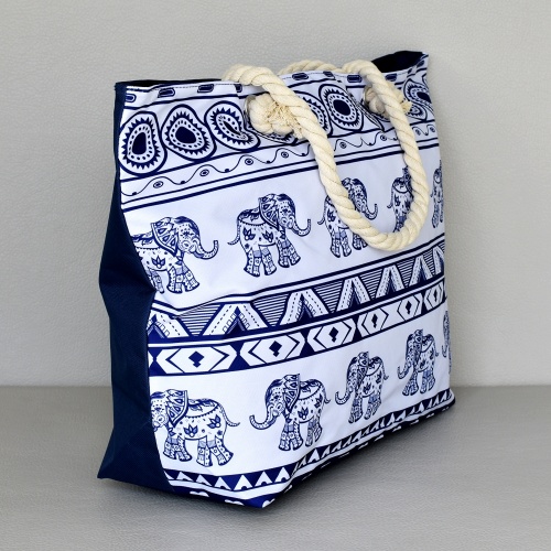 Текстилна плажна чанта голяма със слончета и етно мотиви лято 2018