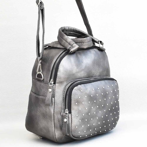 Дамска раница-чанта 2 в 1 с капси, от еко кожа, стилен модел, графит