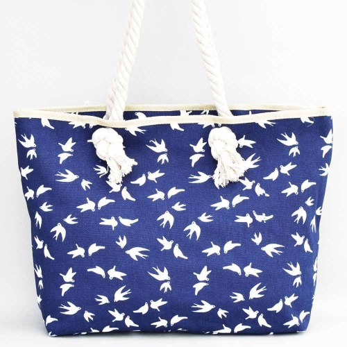 Плажна чанта от здрав брезентов плат с дръжки от въже, с птички, тъмно синя