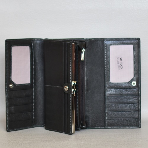 Дамско портмоне с много отделения за документи и карти от естествена кожа, черно