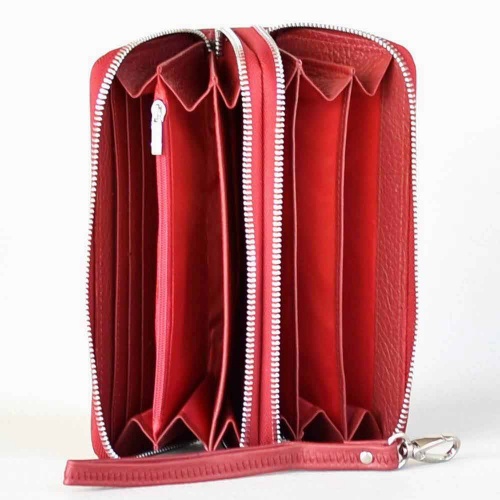Дамско портмоне от естествена кожа с две отделения с цип и джоб за телефон, тъмно червено
