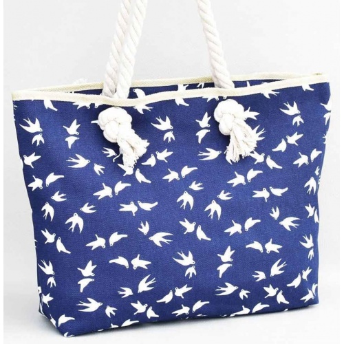 Плажна чанта от здрав брезентов плат с дръжки от въже, с птички, тъмно синя