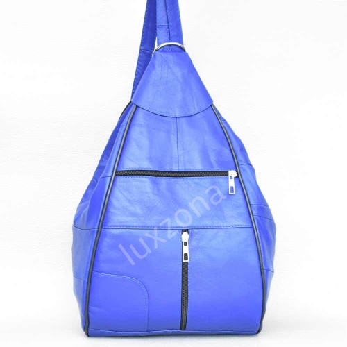 Дамска раница-чанта от естествена кожа с външни джобчета, синя