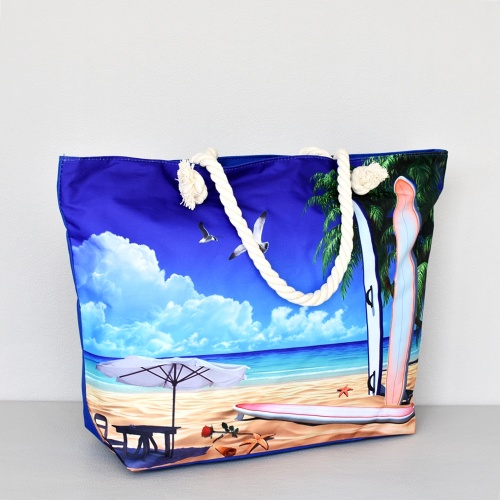 Плажна чанта голяма текстилна с морски пейзаж затваряне с цип лято 2018