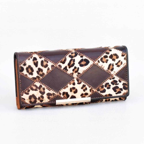 Дамски портмонета: Дамско портмоне от естествена кожа с естествен косъм, леопардов принт, кафяво