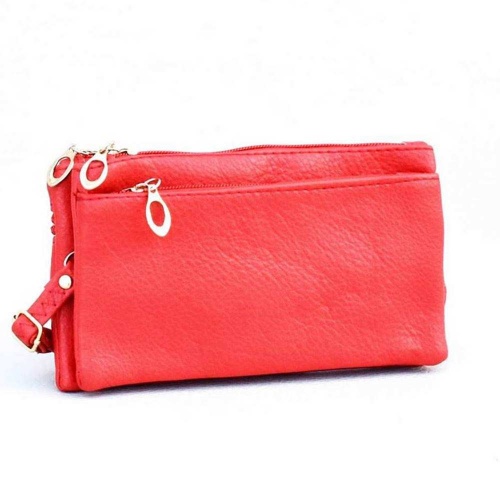 Меко дамско портмоне-чанта от еко кожа с дълга дръжка, евтино, червено