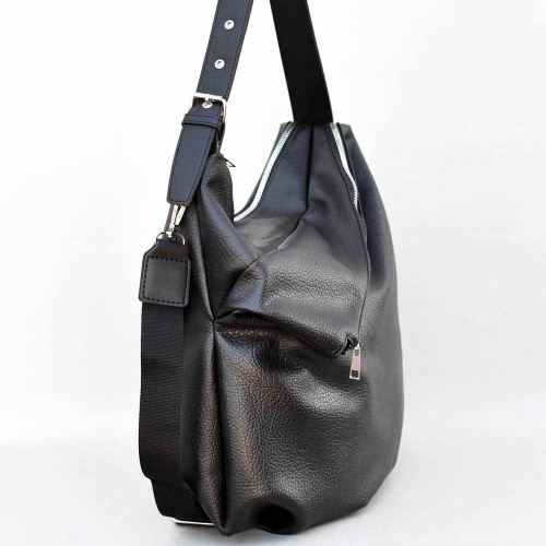 Българска дамска чанта, тип торба от еко кожа с къса и дълга дръжка, черна