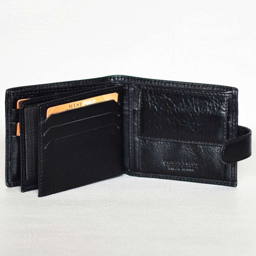 Мъжки портфейл от естествена кожа с много отделения за карти и документи, черен