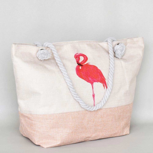 Плажна чанта голяма с фламинго, бежова