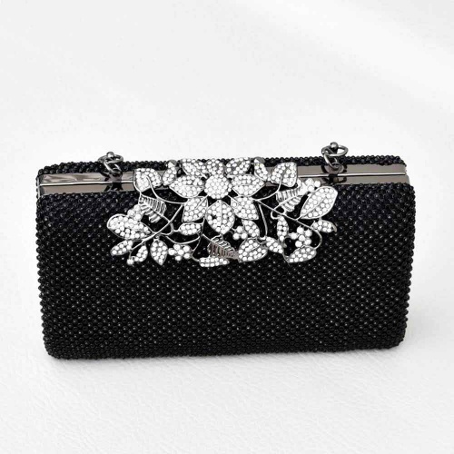 Официална дамска чанта, клъч с кристални камъчета и красива катарама цветя от блестящи камъни, черна