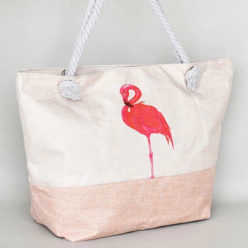Плажна чанта голяма с фламинго, бежова