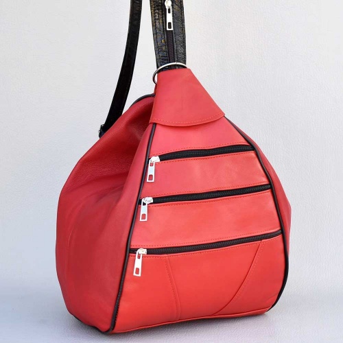 Дамски раници: Дамска раница-чанта от естествена кожа 2 в 1, с външни джобчета, червена