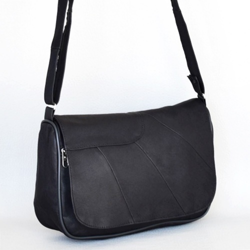 Дамска чанта от естествена кожа с дълга дръжка за през рамо, черна