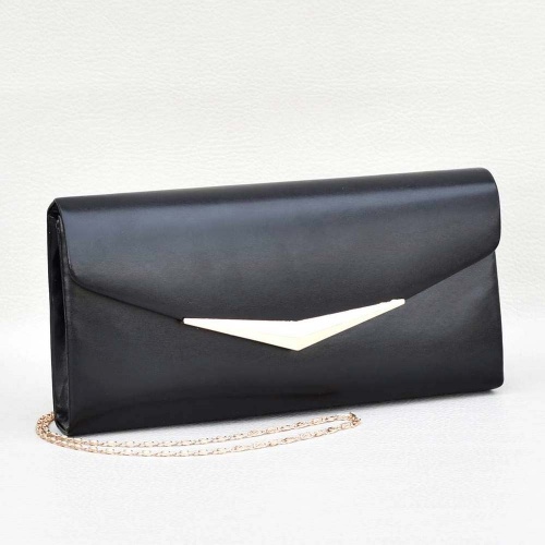 Официална дамска чанта, клъч, тип плик, с метална лайсна на капака, стилен класически модел, черна
