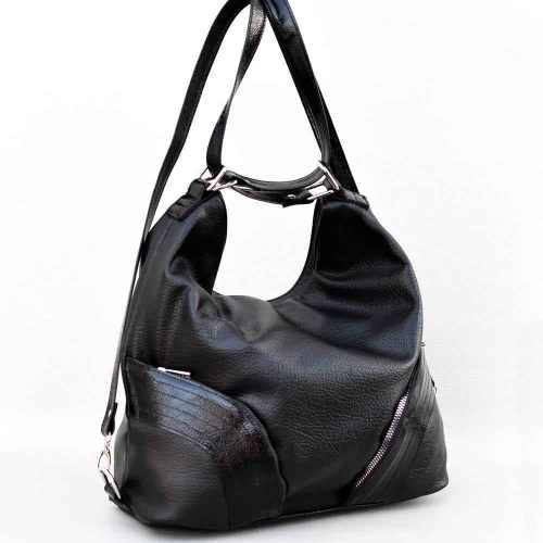 Българска дамска чанта-раница, тип торба от еко кожа, черна