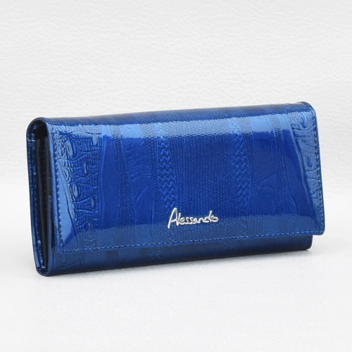 Лачено дамско портмоне от естествена кожа с ефектен принт, синьо