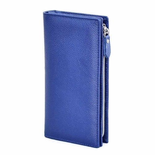 Дамско портмоне от естествена кожа с цип и допълнително отделение за карти, стилен дизайн, синьо