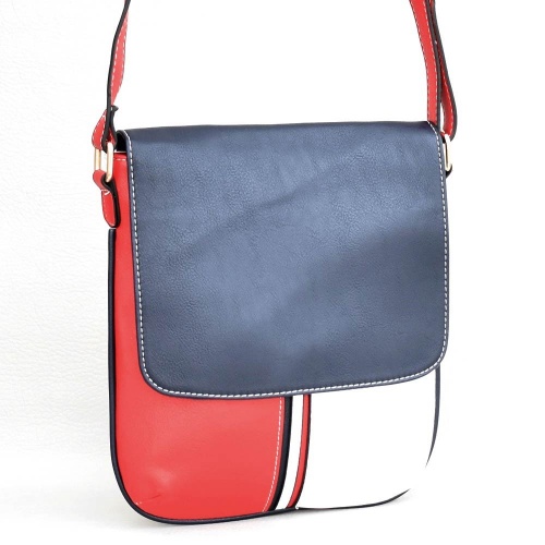 Дамска чанта тип преметка от еко кожа с капак, в червено, тъмно синьо и бяло