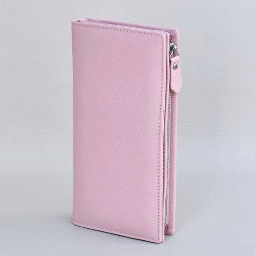 Дамско портмоне от естествена кожа с цип и допълнително отделение за карти, стилен дизайн, розово