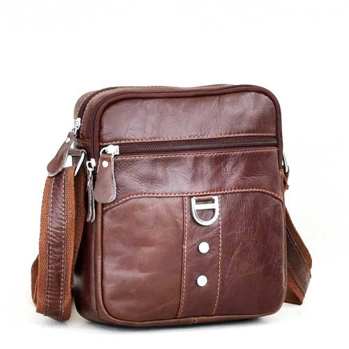 Мъжка чанта от естествена кожа височина 24 см, с много джобчета, кафява