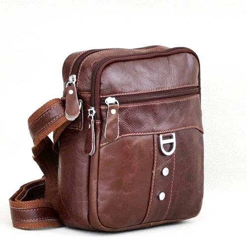 Мъжка чанта от естествена кожа височина 24 см, с много джобчета, кафява