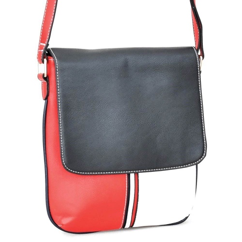 Дамска чанта тип преметка от еко кожа с капак, в червено, черно и бяло