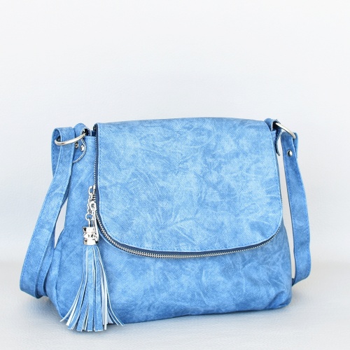 Българска дамска чанта за през рамо малка с капак и пискюл синя