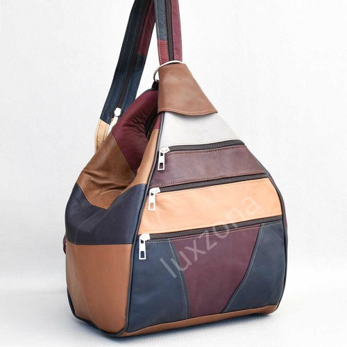 Дамска раница-чанта от естествена кожа с външни джобчета, тъмни пастелни цветове