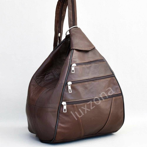 Дамска раница-чанта от естествена кожа с външни джобчета, тъмно кафява