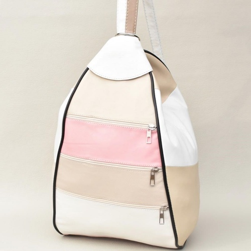 Дамска раница-чанта от естествена кожа с външни джобчета, пастелни цветове