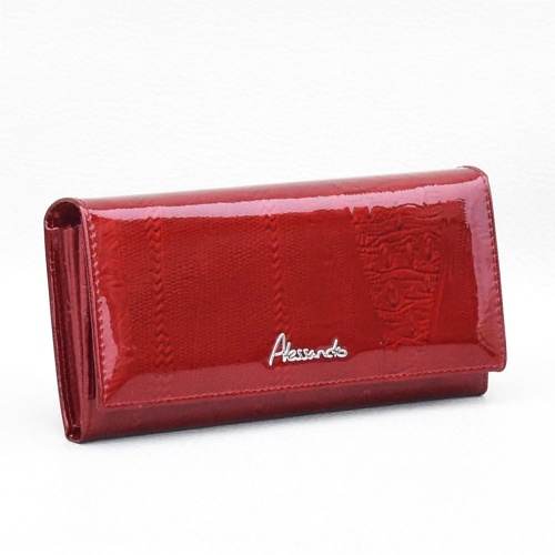 Лачено дамско портмоне от естествена кожа с ефектен принт, червено