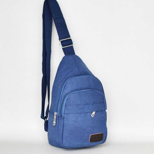 Мъжка чанта-раница от брезентов плат, за през гърди, рамо или гръб, синя