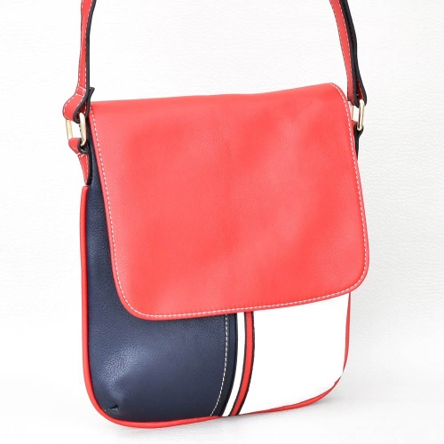 Дамска чанта тип преметка от еко кожа с капак, в червено, тъмно синьо и бяло