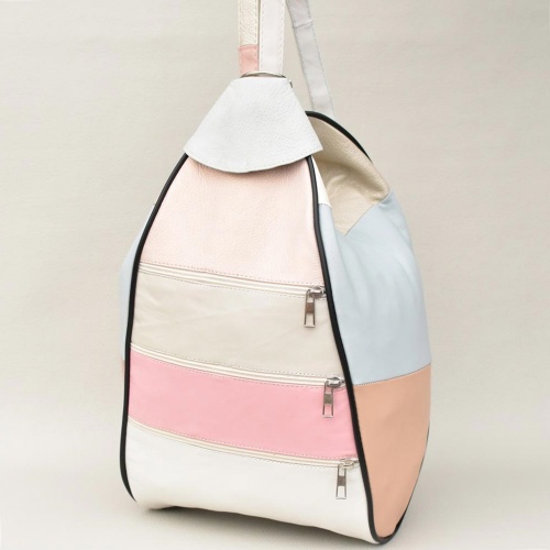 Дамска раница-чанта от естествена кожа с външни джобчета, пастелни цветове