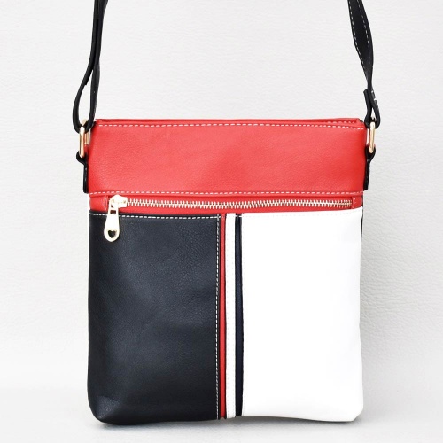 Дамска чанта тип преметка от еко кожа, в червено, черно и бяло