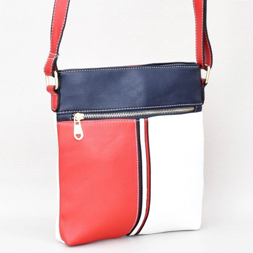 Дамска чанта тип преметка от еко кожа, в червено, тъмно синьо и бяло