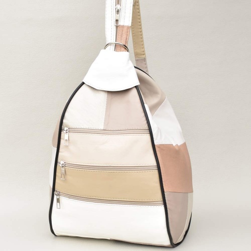 Дамска раница-чанта от естествена кожа с външни джобчета, светли пастелни цветове