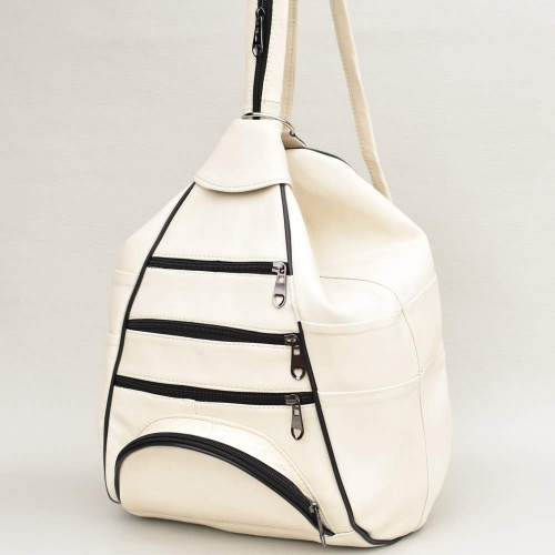 Дамска раница-чанта от естествена кожа 2в1, с много външни джобчета, светло кремава