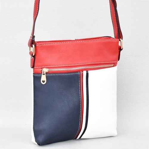 Дамска чанта тип преметка от еко кожа, в червено, тъмно синьо и бяло