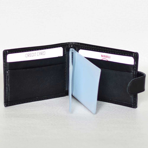 Калъф за документи и карти от естествена кожа тип визитник, с отделение за банкноти, черен