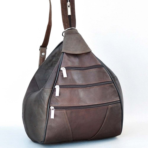 Дамска раница-чанта от естествена кожа 2 в 1, с външни джобчета, тъмно кафява
