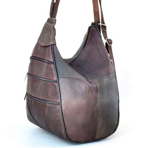 Дамска раница-чанта от естествена кожа 2 в 1, с външни джобчета, тъмно кафява