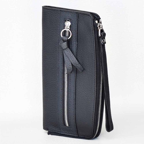Дамско портмоне от естествена кожа, с много джобчета за карти, компактен модел, черно