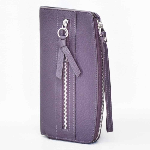 Дамско портмоне от естествена кожа, с много джобчета за карти, компактен модел, лилаво