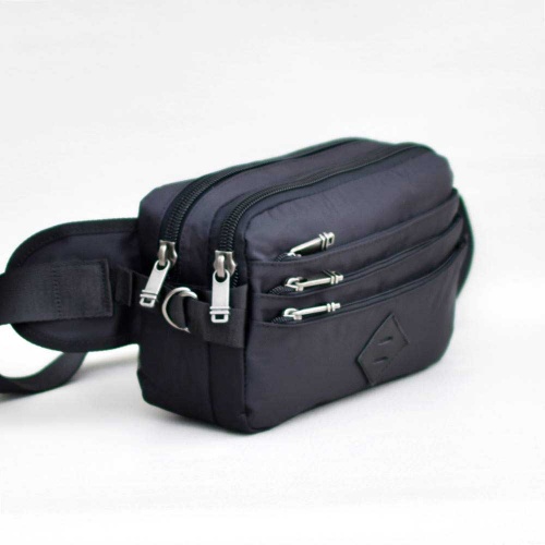 Мъжка чанта тип банан/паласка от промазан плат за носене на кръста или през гърди, черна