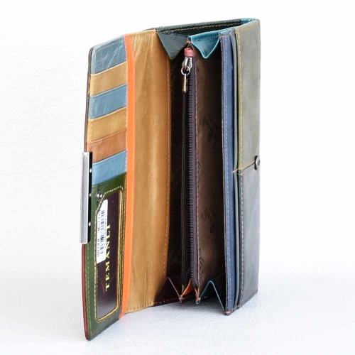 Шарено дамско портмоне от естествена кожа на парчета с много отделения за карти