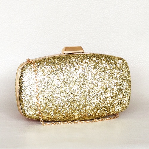 Дамска чанта бална тип клъч с брокат златен обков златна