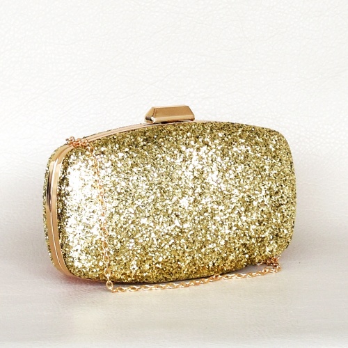 Дамска чанта бална тип клъч с брокат златен обков златна